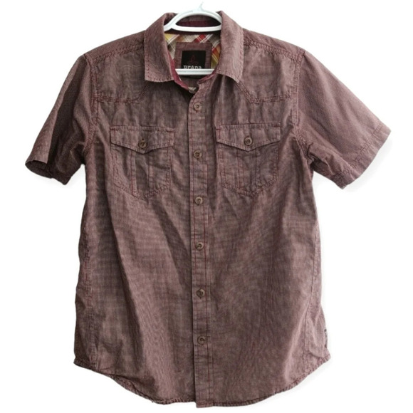 Prana Men's Borla Short Sleeve Button Up Chest Pockets Red Micro Dots Small - Picture 2 of 16